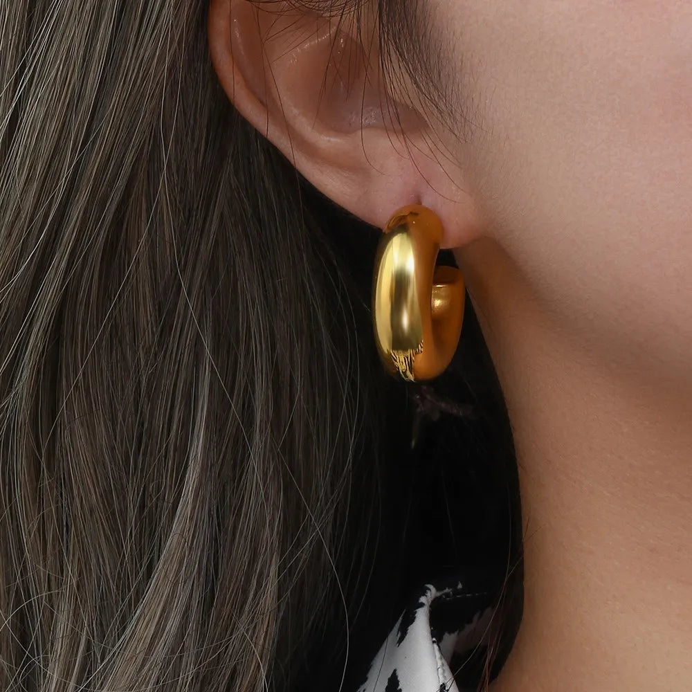 MamacitaSlay 316L Stainless Steel Smooth Ribbed C Shaped Earrings 18K Gold Plated Waterproof Jewelry For Women Everyday Wear