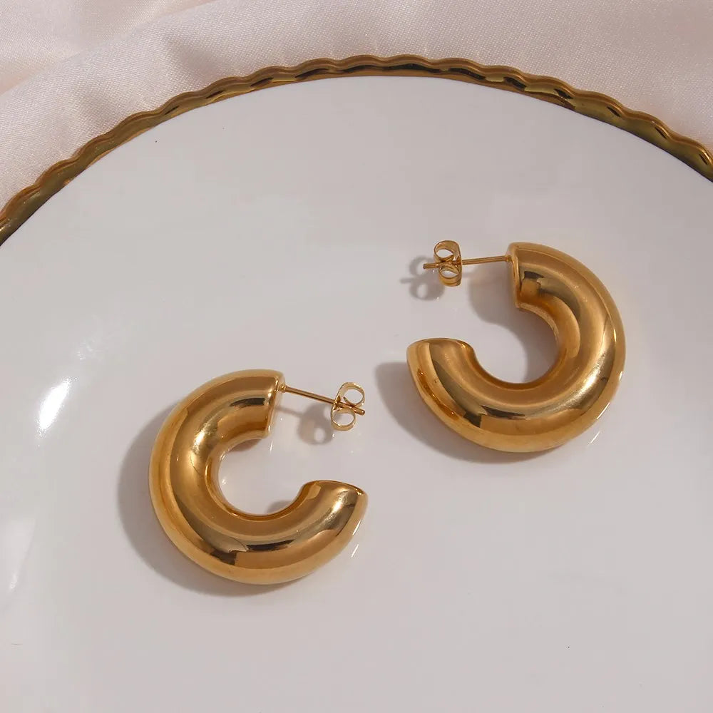 MamacitaSlay 316L Stainless Steel Smooth Ribbed C Shaped Earrings 18K Gold Plated Waterproof Jewelry For Women Everyday Wear