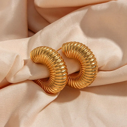 MamacitaSlay 316L Stainless Steel Smooth Ribbed C Shaped Earrings 18K Gold Plated Waterproof Jewelry For Women Everyday Wear