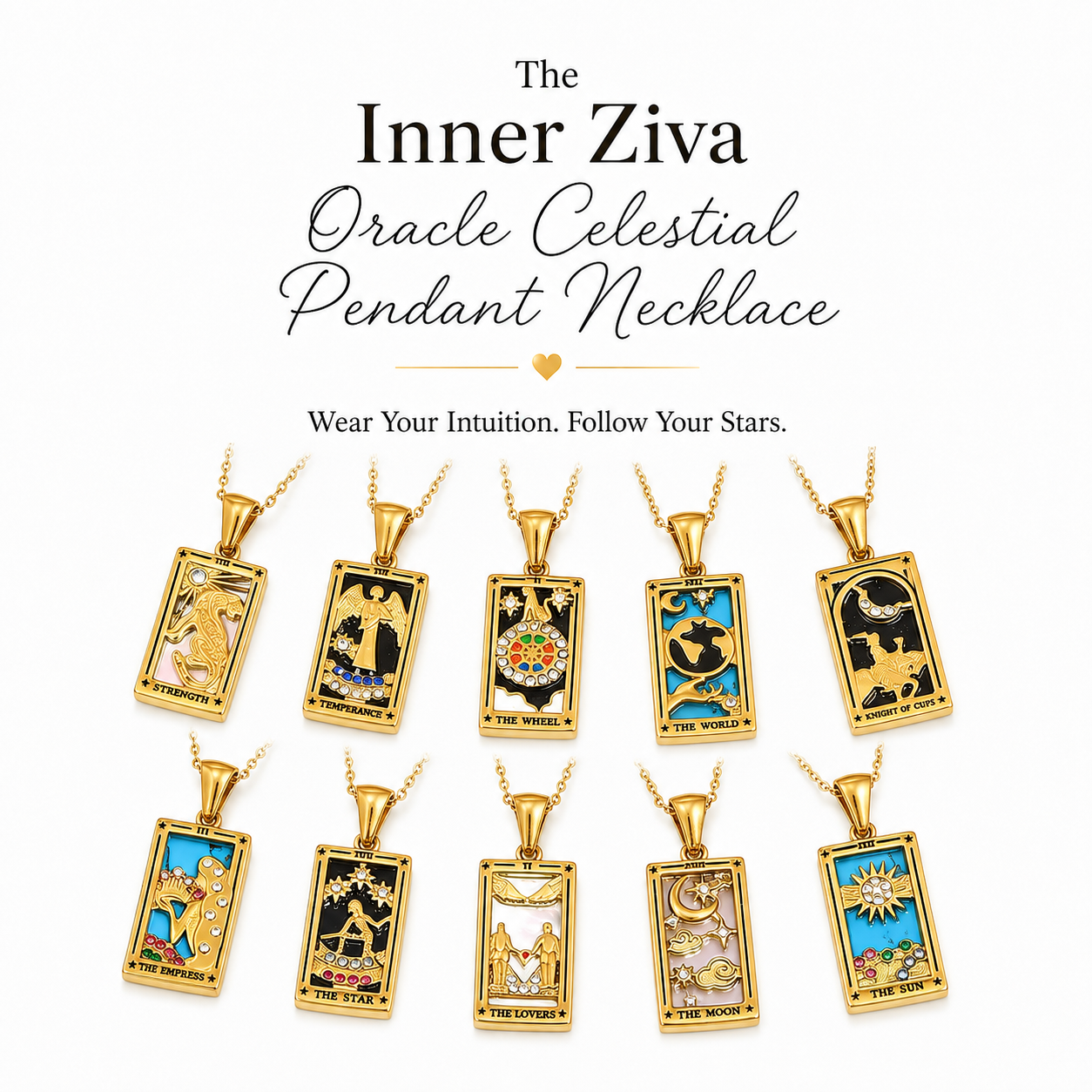 Nine gold-toned rectangular pendant necklaces with colorful tarot card engravings are arranged in a grid on a white background, with the text 'The Inner Ziva Oracle Celestial Pendant Necklace' and the tagline above them.