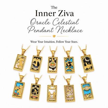 Nine gold-toned rectangular pendant necklaces with colorful tarot card engravings are arranged in a grid on a white background, with the text 'The Inner Ziva Oracle Celestial Pendant Necklace' and the tagline above them.
