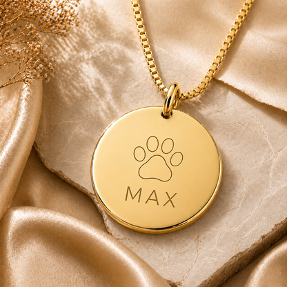 Inner Ziva Pet Name Disc, Gold — fixed paw icon with pet's name engraved below