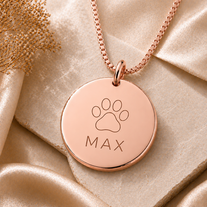 Inner Ziva Pet Name Disc, Rose Gold — fixed paw icon with pet's name engraved below