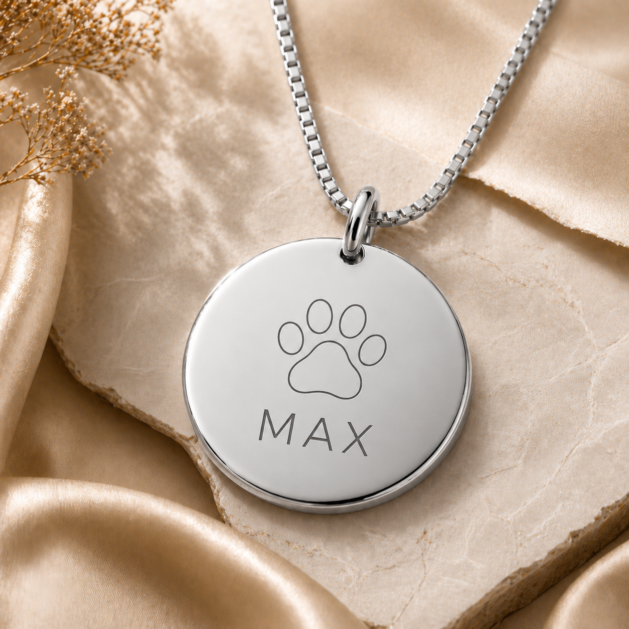 Inner Ziva Pet Name Disc, Silver — fixed paw icon with pet's name engraved below