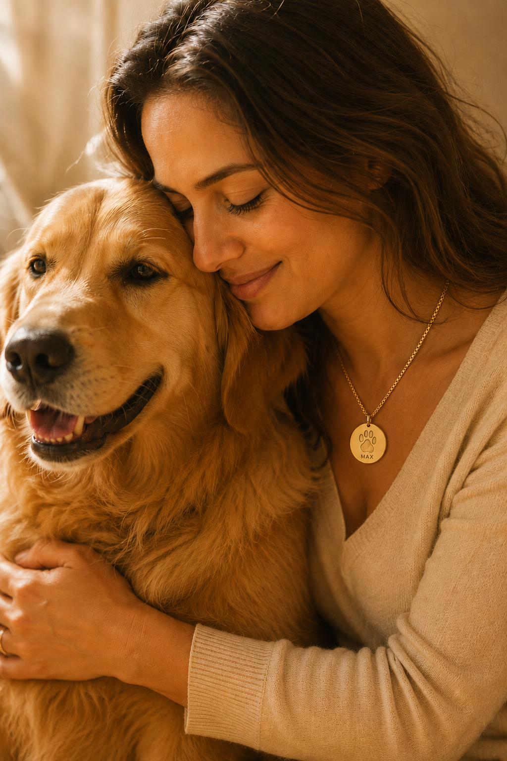 Inner Ziva Pet Name Disc, Gold, worn by a woman embracing her dog