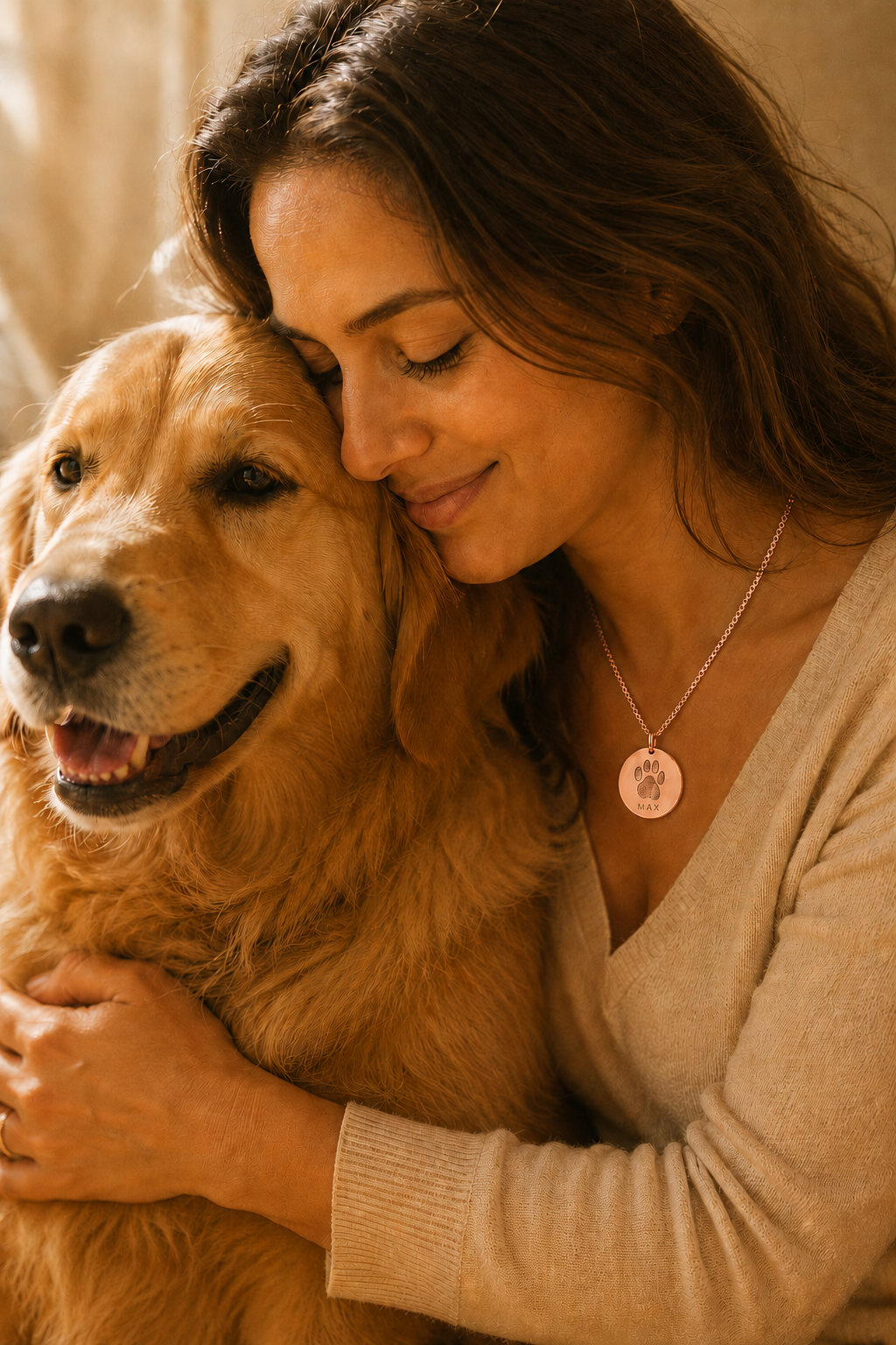 Inner Ziva Pet Name Disc, Rose Gold, worn by a woman embracing her dog
