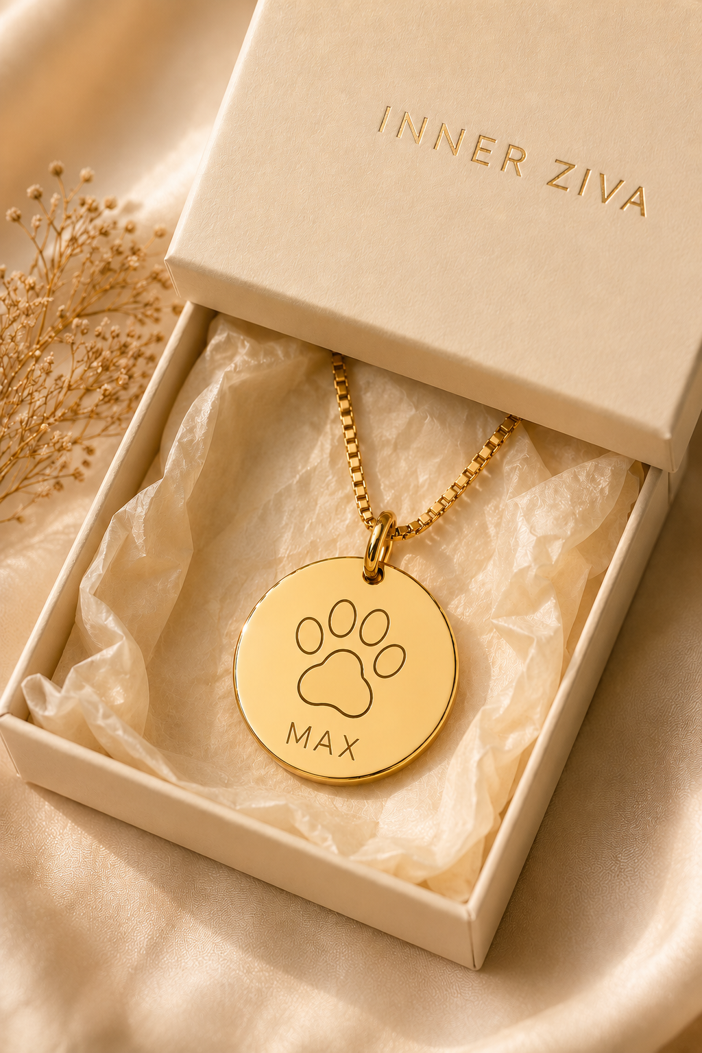 Inner Ziva Pet Name Disc, Gold, in gift packaging