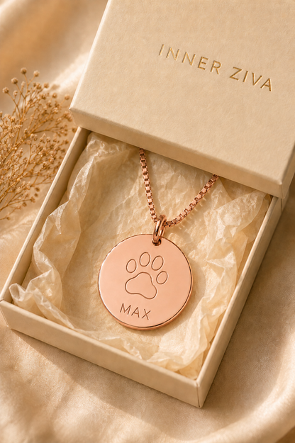 Inner Ziva Pet Name Disc, Rose Gold, in gift packaging
