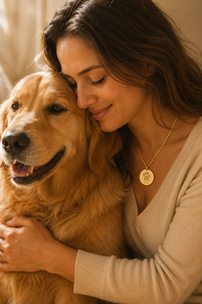 Lifestyle photo of a woman embracing her golden retriever, wearing the Inner Ziva Paw Print Disc necklace — gold