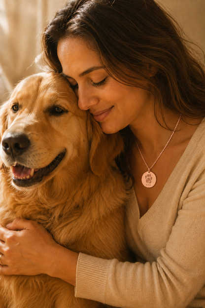 Lifestyle photo of a woman embracing her golden retriever, wearing the Inner Ziva Paw Print Disc necklace — rose gold