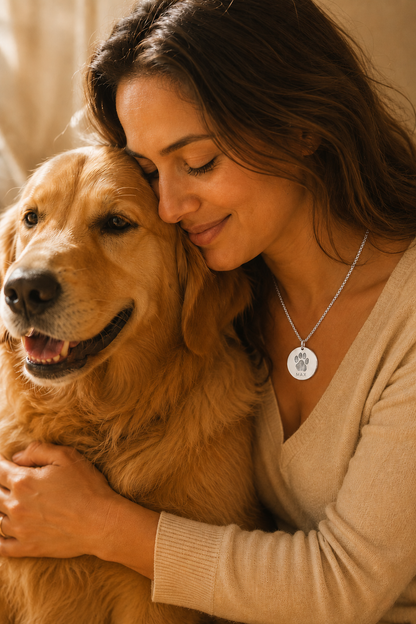 Lifestyle photo of a woman embracing her golden retriever, wearing the Inner Ziva Paw Print Disc necklace — silver