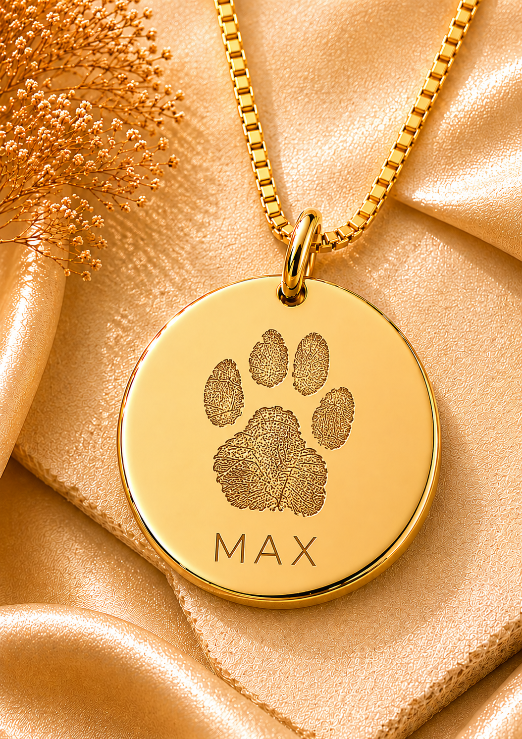 Inner Ziva Paw Print Disc pendant showing a realistic engraved paw print and pet name — gold