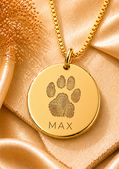 Inner Ziva Paw Print Disc pendant showing a realistic engraved paw print and pet name — gold