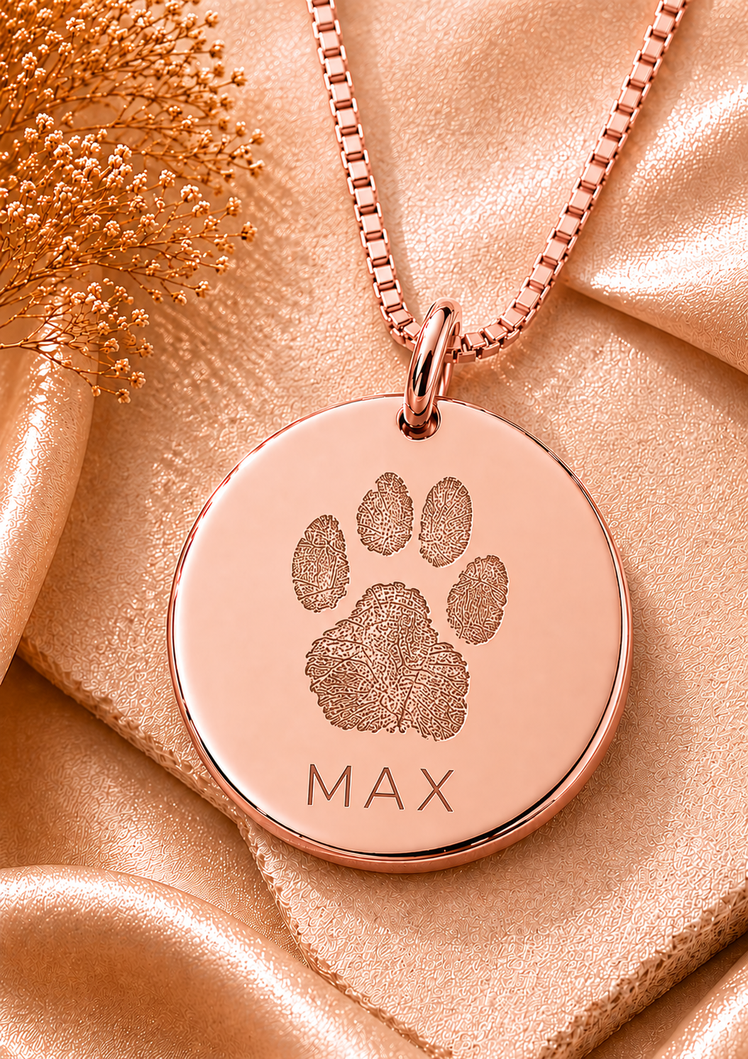 Inner Ziva Paw Print Disc pendant showing a realistic engraved paw print and pet name — rose gold