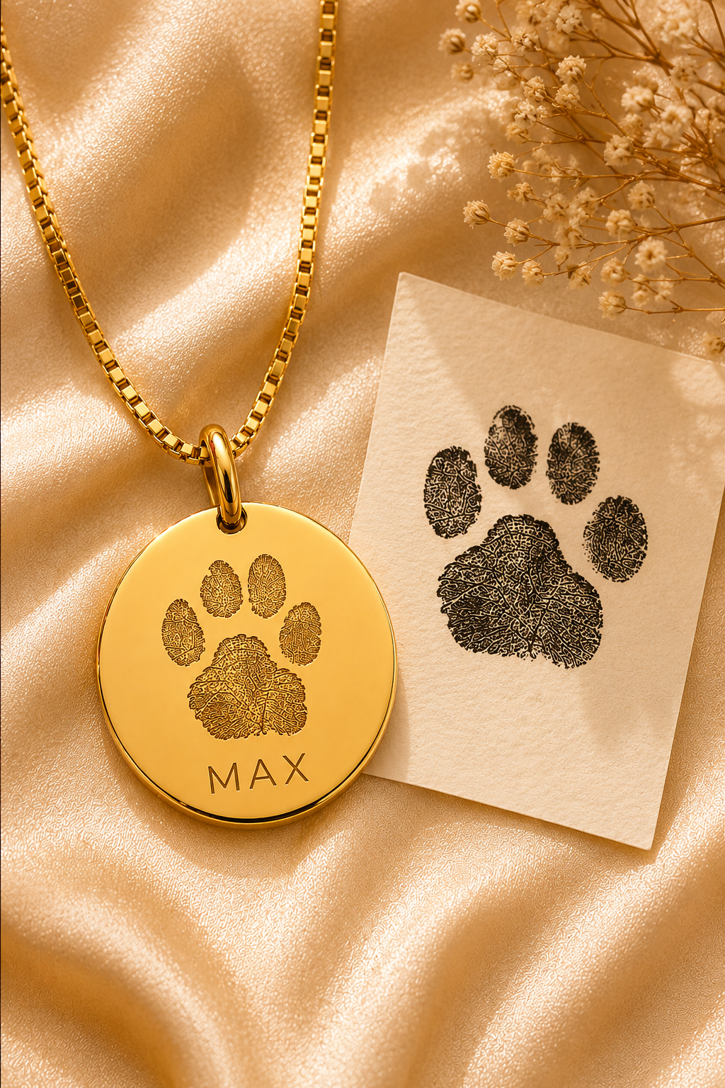 Inner Ziva Paw Print Disc flat-lay with a real ink paw print stamp comparison card — gold