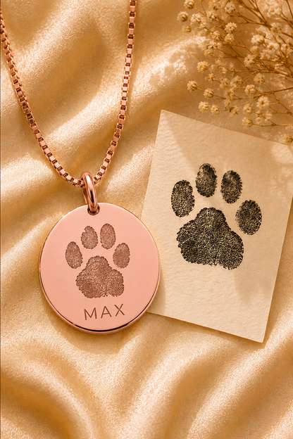 Inner Ziva Paw Print Disc flat-lay with a real ink paw print stamp comparison card — rose gold