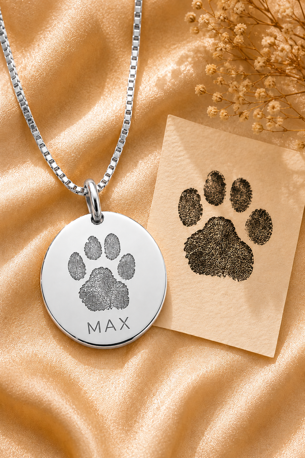 Inner Ziva Paw Print Disc flat-lay with a real ink paw print stamp comparison card — silver