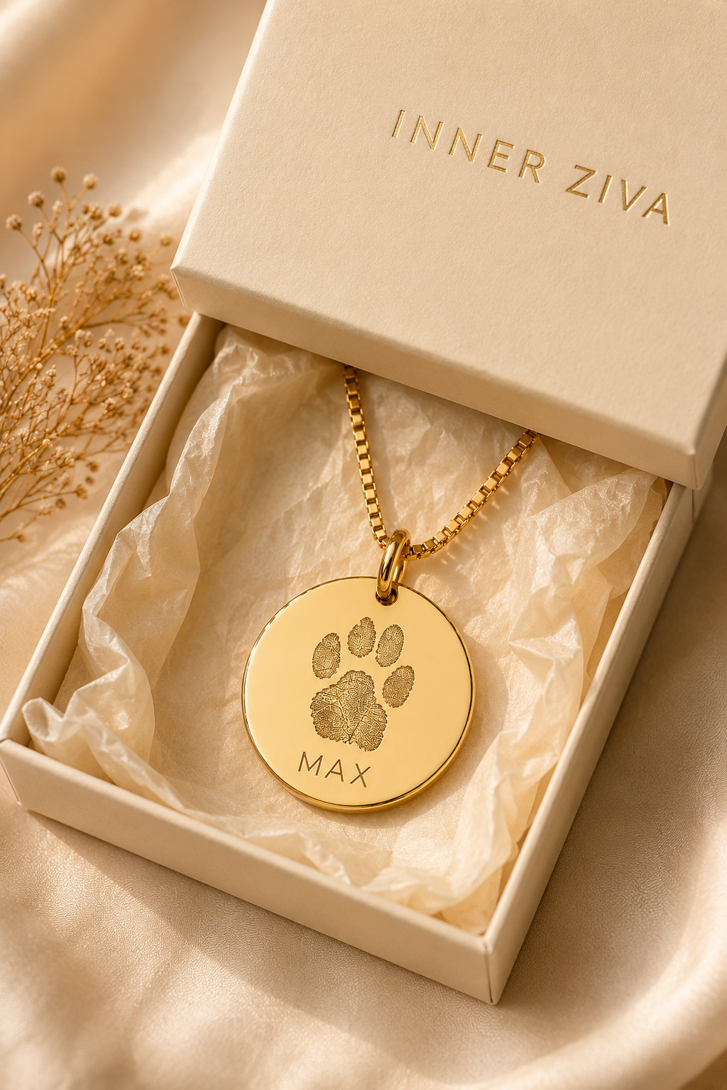 Inner Ziva Paw Print Disc pendant in Inner Ziva gift packaging — gold