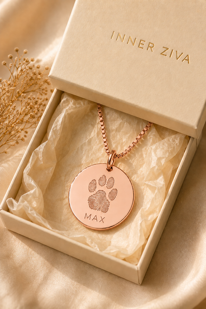 Inner Ziva Paw Print Disc pendant in Inner Ziva gift packaging — rose gold