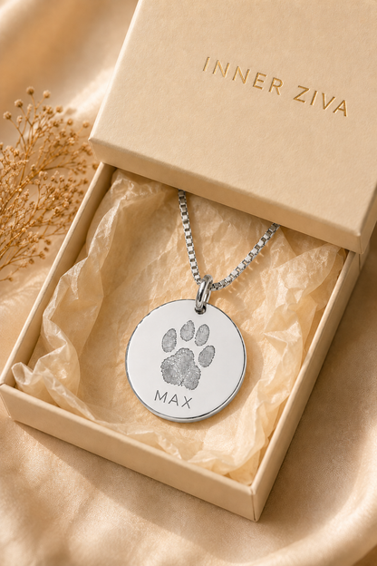 Inner Ziva Paw Print Disc pendant in Inner Ziva gift packaging — silver