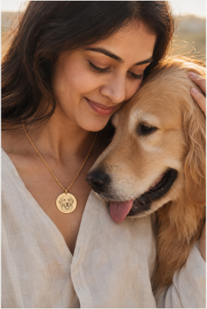 Woman wearing the gold Inner Ziva Pet Portrait Disc at her neckline, embracing her dog