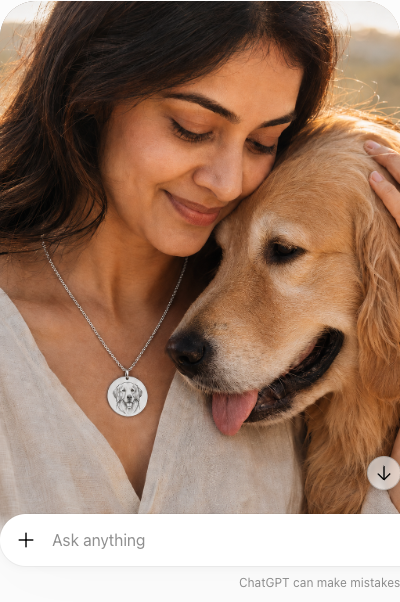 Woman wearing the silver Inner Ziva Pet Portrait Disc at her neckline, embracing her dog