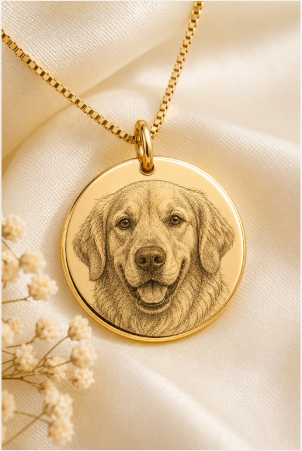 Inner Ziva Pet Portrait Disc in gold, engraved with a detailed pet portrait, on a gold box chain