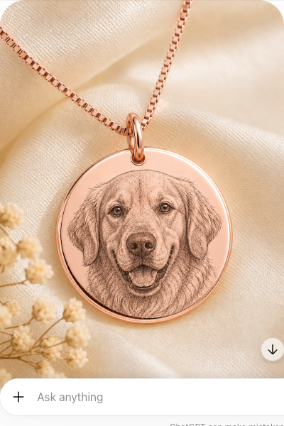 Inner Ziva Pet Portrait Disc in rose gold, engraved with a detailed pet portrait, on a rose gold box chain