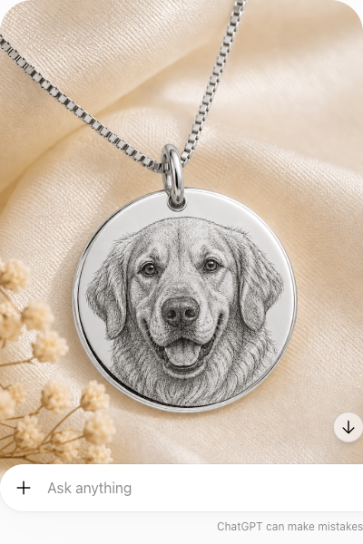 Inner Ziva Pet Portrait Disc in silver, engraved with a detailed pet portrait, on a silver box chain