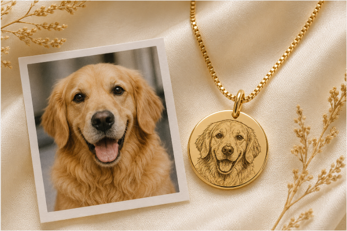 Gold Inner Ziva Pet Portrait Disc next to a photo of the pet it was engraved from