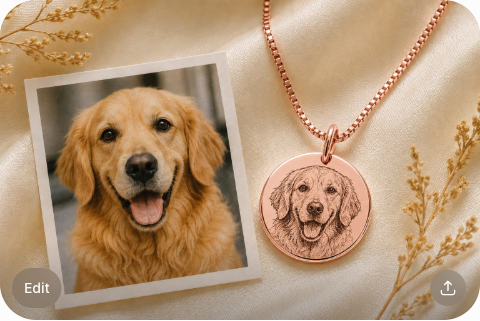 Rose gold Inner Ziva Pet Portrait Disc next to a photo of the pet it was engraved from