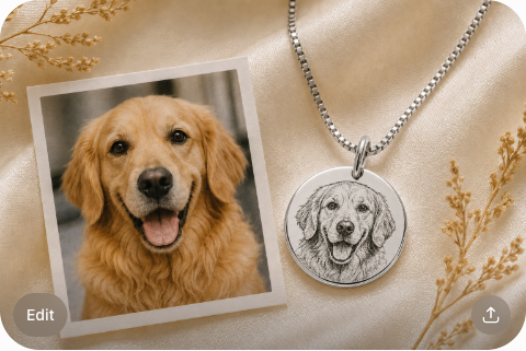 Silver Inner Ziva Pet Portrait Disc next to a photo of the pet it was engraved from