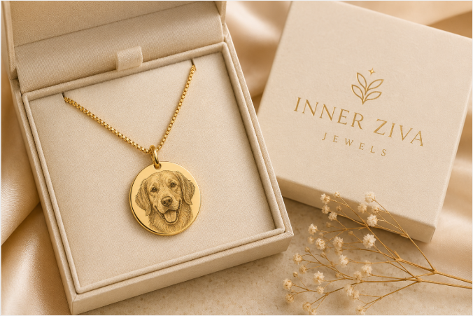 Gold Inner Ziva Pet Portrait Disc necklace in its Inner Ziva gift box