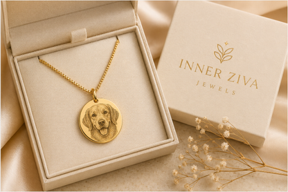 Gold Inner Ziva Pet Portrait Disc necklace in its Inner Ziva gift box