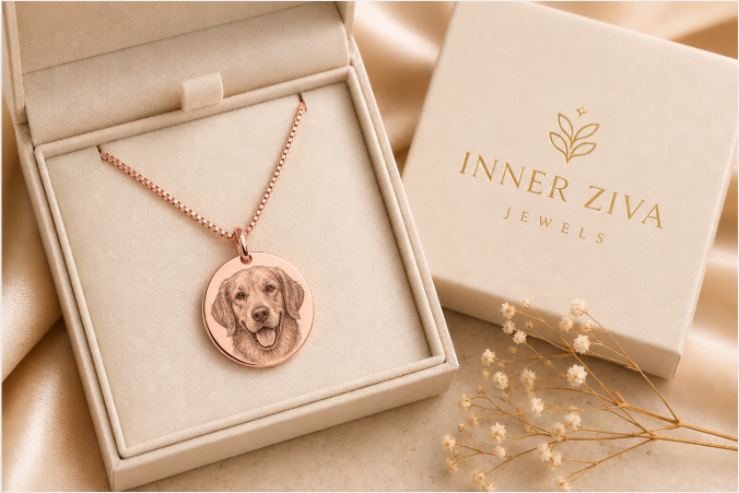 Rose gold Inner Ziva Pet Portrait Disc necklace in its Inner Ziva gift box