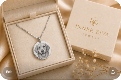 Silver Inner Ziva Pet Portrait Disc necklace in its Inner Ziva gift box