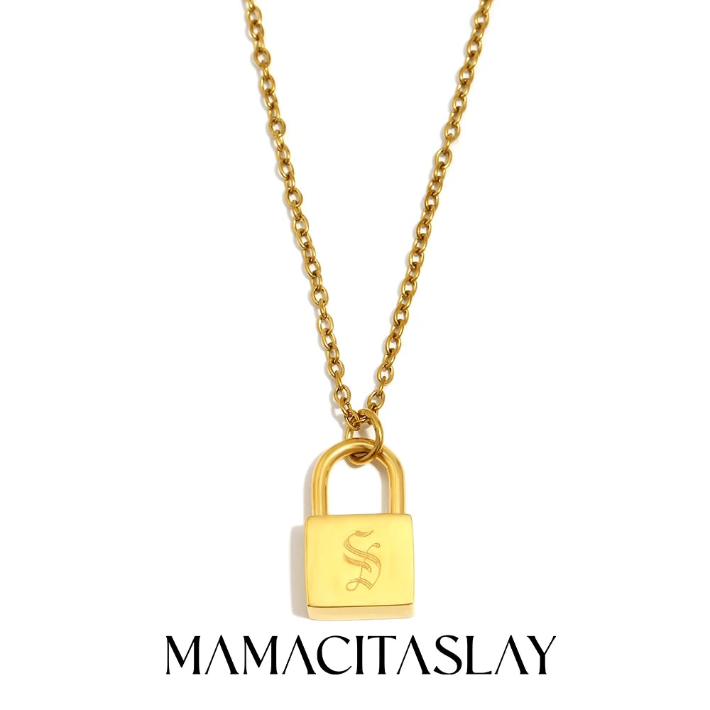 MamacitaSlay 316L Stainless Steel Ancient Letters Engaged Lock Pendant Necklace 18K Gold Plated Waterproof Neck Jewelry Gift