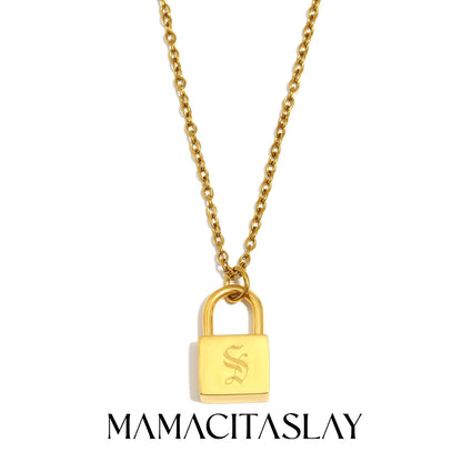 MamacitaSlay 316L Stainless Steel Ancient Letters Engaged Lock Pendant Necklace 18K Gold Plated Waterproof Neck Jewelry Gift