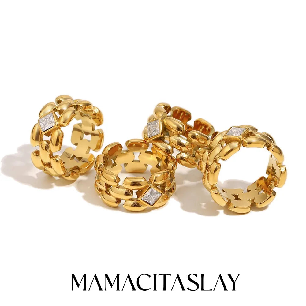 MamacitaSlay 316L Stainless Steel Zircon Hollow Out Ring 18K Gold Plated Waterproof Jewelry Women's High Quality Ring 2025 Gift