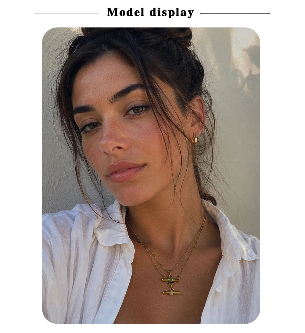 Inner Ziva Bohemian 316L Stainless Steel CZ Pendant T Bar Necklace 18K Gold Plated Waterproof Minimalist Jewelry For Women Men