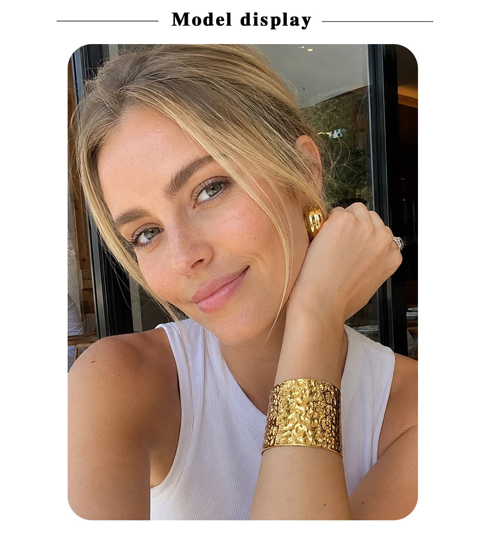 MamacitaSlay 316L Stainless Steel Hammered Wide Open Cuff Bangle 18K Gold Plated Waterproof Jewelry For Women Bracele Party Gift