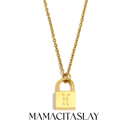 MamacitaSlay 316L Stainless Steel Ancient Letters Engaged Lock Pendant Necklace 18K Gold Plated Waterproof Neck Jewelry Gift