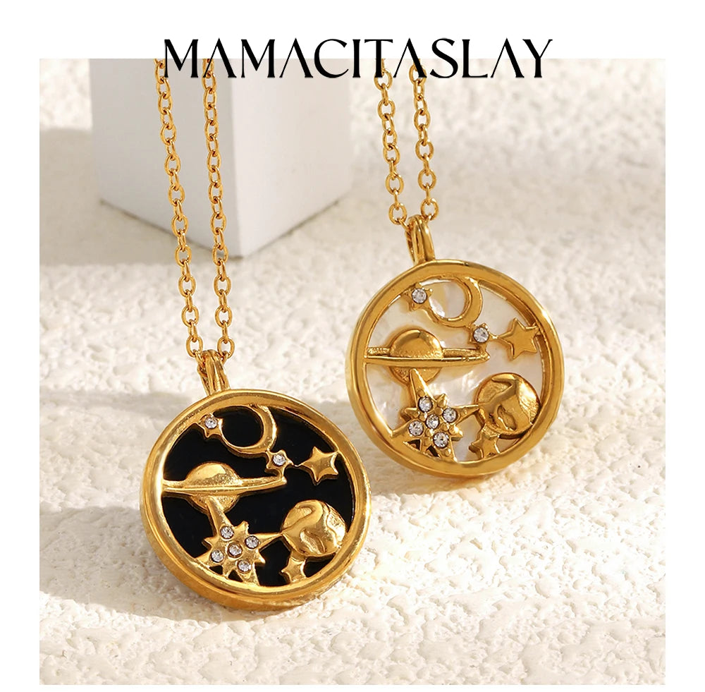 MamacitaSlay 316L Stainless Steel Shell Zircon Celestial Necklace Waterproof 18K Gold Plated Neck Jewelry Elegant Necklace Gifts
