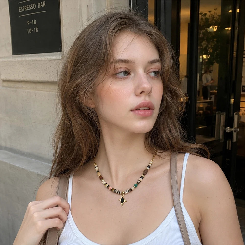 MamacitaSlay 316L Stainless Steel Natural Stone Bead Black Star Necklace 18K Gold Plated Waterproof Jewelry For Women Boho Gifts
