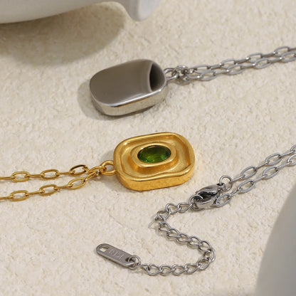 MamacitaSlay Retro Irregular Pendant Round Green Zircon Paper Clip Chain Women's Necklace Trendy Women's Stainless Steel Jewelry