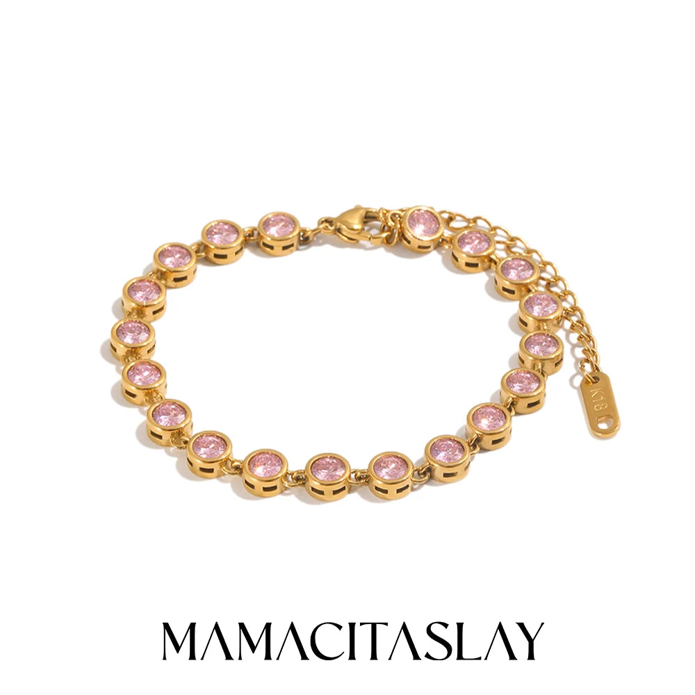 MamacitaSlay 316LStainlessSteel Round Zircon Tennis Bracelet 18K Gold Plated Waterproof Jewelry For Women Wedding Dating Jewelry