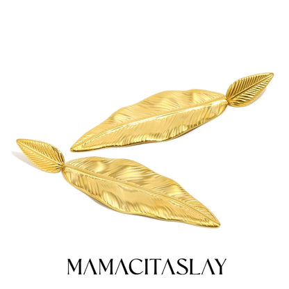 MamacitaSlay 316L Stainless Steel Double Leaf Dangle Earrings 18K Gold Plated Waterproof Jewelry For Women Statement Earrings