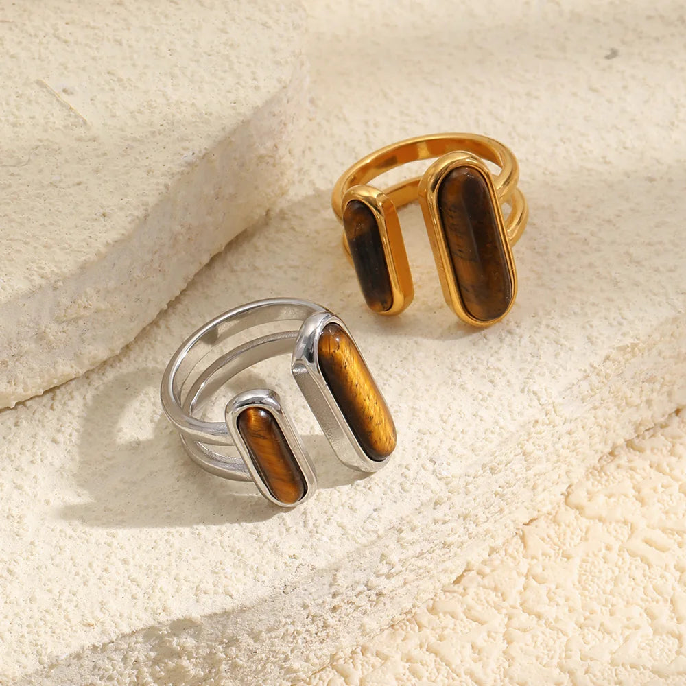 MamacitaSlay 316L Stainless Steel Tiger Eye Asymmetric Ring 18K Gold Plated Waterproof Vintage Jewelry For Women Everyday Wear