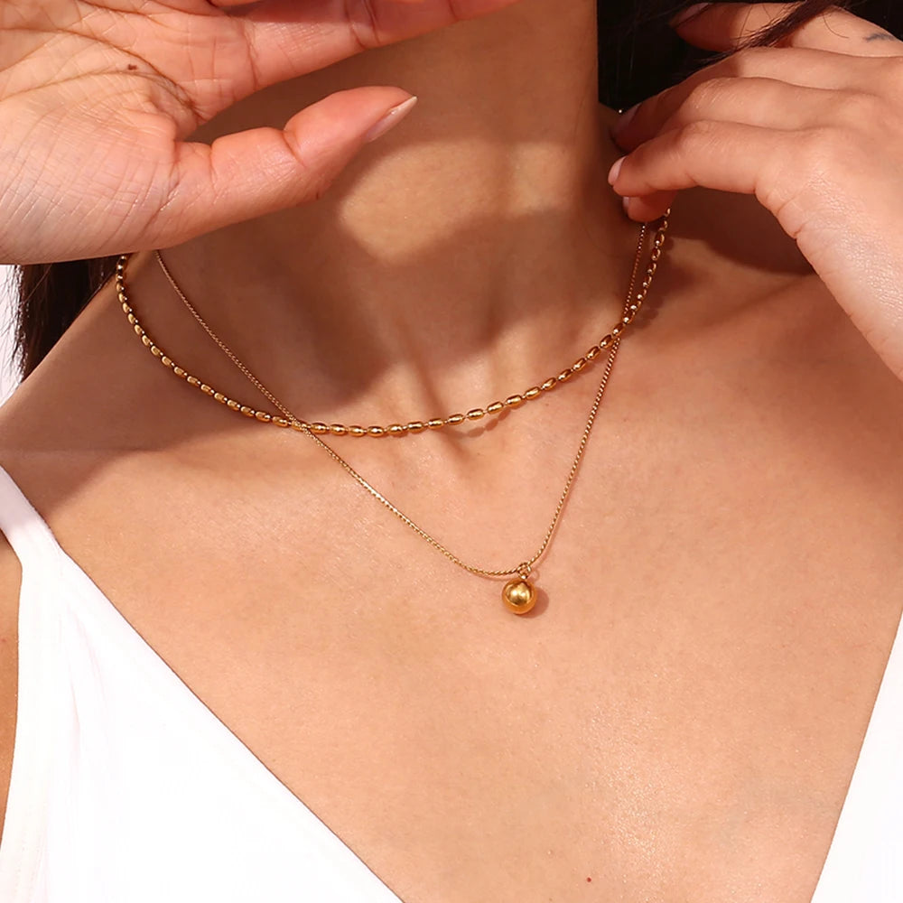 MamacitaSlay Classic Double Bead Chain Round Ball Pendant Waterproof Stainless Steel Jewelry Trend 2024 Necklaces For Women