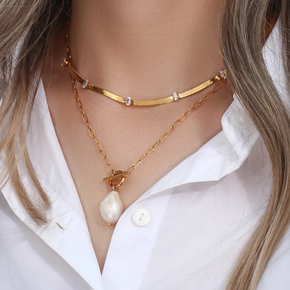 MamacitaSlay Elegant Baroque Freshwater Pearl Pendant Necklace OT Buckle 18K Gold Plated Waterproof Stainless Steel Necklace